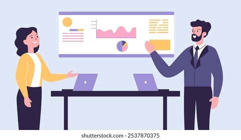 Ilustración de diseño plano de trabajo en equipo reunión de negocios en la oficina con infografía en pantalla