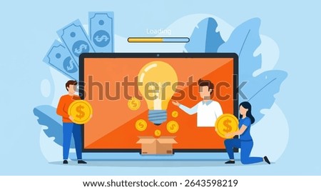 Flat Design Illustration of Teamwork and Financial Investment Around a Glowing Lightbulb on Laptop Screen Representing Innovation, Startup Funding, and Creative Business Ideas