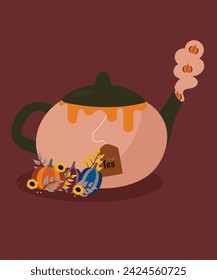  Flat Design Illustration with Teapot and Teabag at Pumkins