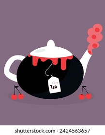 Ilustración de diseño plano con tetera y bolso de té en Cherry