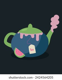 Flat Design Illustration with Teapot and Teabag at Watermelon
