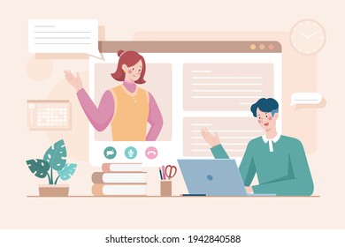 Flat design illustration of teleconferencing or online customer service. Man having video call on laptop with the woman seen on computer screen popup.