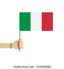 Flat design illustration, template for any traditional italian holiday with womans hand in bracelet holding italian flag.