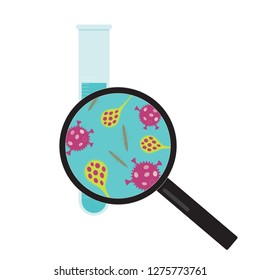 Flat design illustration test tube with water or liquid, magnifying glasses and bacteria or virus - vector