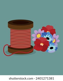  Flat Design Illustration with Thread and Flowers