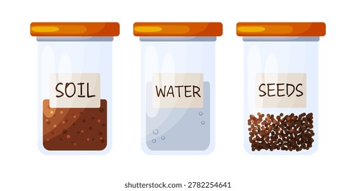 Flat design illustration of three clear glass jars with orange lids labeled soil, water and seeds, isolated on white background, gardening, science and education graphic design element