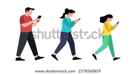 A flat design illustration of three diverse individuals walking and engrossed in their mobile phones.