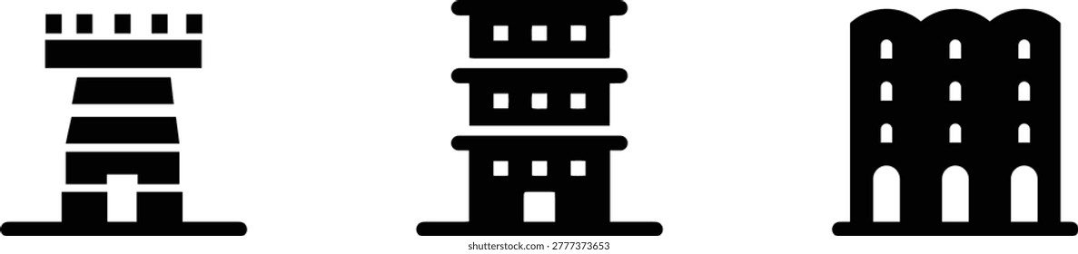 Flat design illustration of three tall buildings with windows and doors in black and white vector style