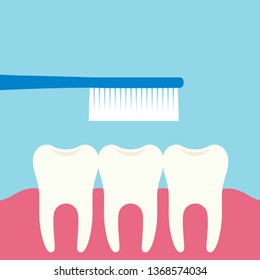 Flat design illustration of three teeth, toothbrush and pink gums. Teeth care isolated on green-blue background - vector