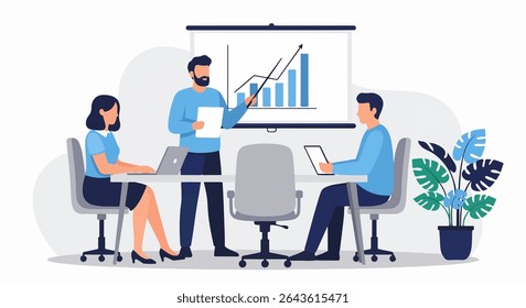 Flat Design Illustration of Three Young Adults in a Business Meeting with Presentation Screen, Laptop, and Tablet Representing Team Collaboration and Data Sharing in Modern Office