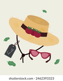  Flat Design Illustration at Tomato Hat Straw and Sunglasses, Sale Tag