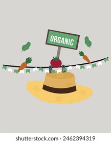 Flat Design Illustration at Tomato Hat Straw and Organic Banner