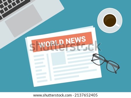 Flat design illustration of top view of newspaper and glasses with cup of coffee and laptop on desk table - vector