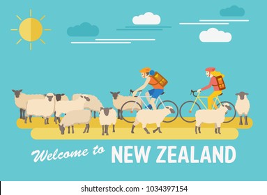 Flat design, Illustration of tourists riding bicycles and flock of sheep, Vector