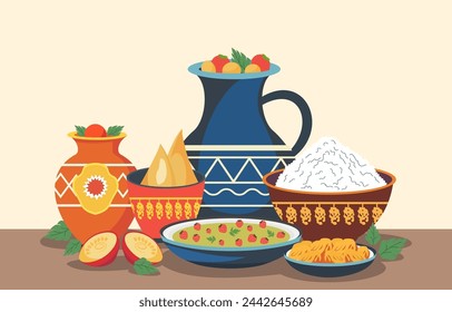 Flat Design Illustration of Traditional Food Dishes in Vase Bowl for Nowruz Celebration