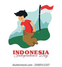 Flat design illustration of the traditional sack race (balap karung) to celebrate Indonesia Independence Day. Features children joyfully competing outdoors, with red and white decorations flag.