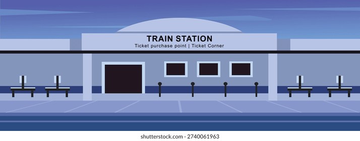 Flat Design Illustration of a Train Station Ticket Office. Train station at night. Public service. 