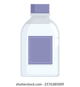 Flat design illustration of a transparent medicine bottle with a blank label and purple cap