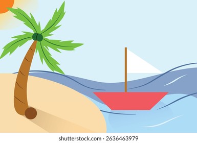 Flat design illustration of a tropical scene with a palm tree, red sailboat on wavy blue water, and  sky for summer background 