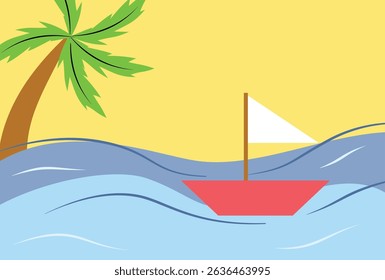 Flat design illustration of a tropical scene with a palm tree, red sailboat on wavy blue water, and  sky for summer background 