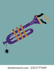 Flat Design Illustration with Trumpet and Bat, Spider