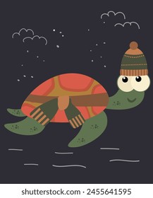  Flat Design Illustration with Turtle Wearing Scarf, Hat