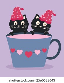  Flat Design Illustration with Two Black Cats and Cup of Drink, Love Decoration