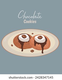 Flat Design Illustration with Two Cookies at Chocolate