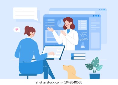 Flat design illustration of two female characters having video conference. Concept of webinar, distance education or online professional consulting services.