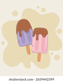 Ilustración de diseño plano con dos helados en el dopaje de chocolate