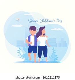 Flat design illustration of two kids embrace or hugging each other for children's day concept