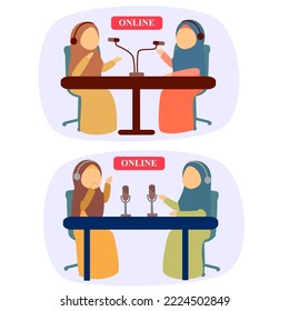 Flat design illustration of two Muslim women podcast interview