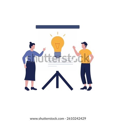 Flat design illustration of two people engaged in a collaborative presentation.