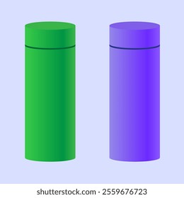 Flat design illustration of two reusable water bottles in green and purple colors. Great for eco-friendly themes, hydration concepts, fitness projects, or outdoor-related graphics.