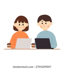 Flache Illustration von zwei jungen Menschen, die in einem gemeinsamen Büro zusammenarbeiten. Arbeitsraumkonzept. Flache Cartoon-Zeichen, Vektorgrafik