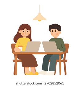 Flat design illustration of two young people working together in a co-working office. Working space concept. Flat cartoon character vector illustration