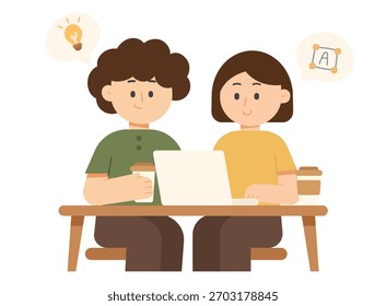 Flache Illustration von zwei jungen Menschen, die in einem gemeinsamen Büro zusammenarbeiten. Arbeitsraumkonzept. Flache Cartoon-Zeichen, Vektorgrafik