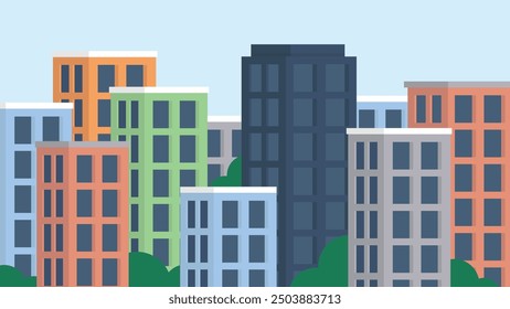 flat design illustration of urban landscape with tall buildings, vector graphic design