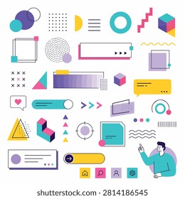Flat design illustration of various office and creative symbols in vibrant colors
