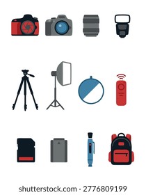 A flat design illustration of various photography equipment items.