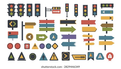 Flat design illustration of various traffic signs and road symbols