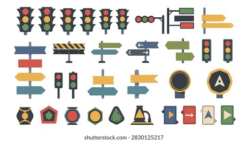 Flat design illustration of various traffic signs and road symbols