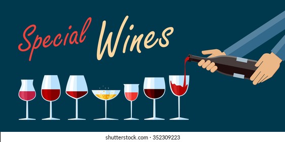 Flat design illustration of various types of wine