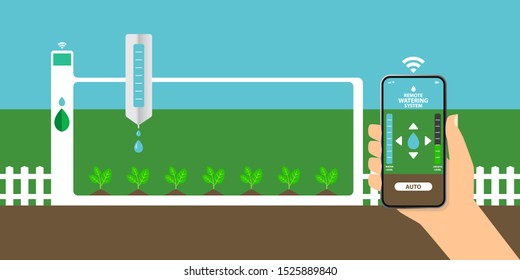 flat design illustration vector, remote plant watering system on your backyard, hand holding smartphone with automatic watering app to take care of your garden via internet, smart technology concept