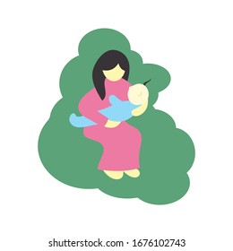 ilustración de diseño plano vectorial de una mujer o madre sosteniendo un bebé, traje para la familia o el producto del bebé, eventos, etc.