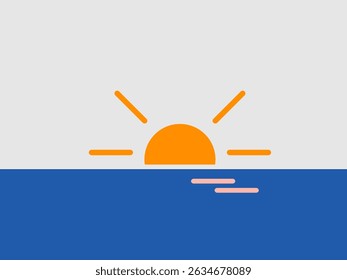 flat design illustration of a vibrant orange sun setting over blue water