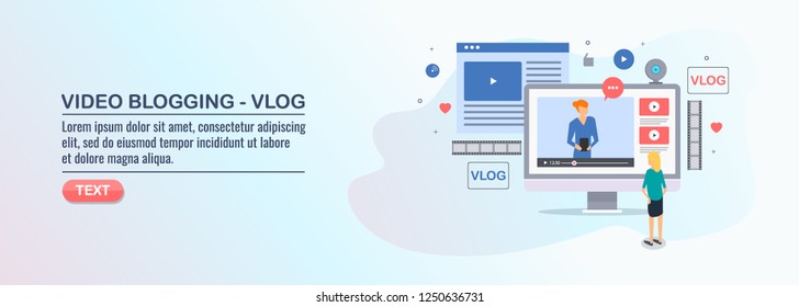 Flat design illustration, video blogging, vblog marketing, social media video post vector banner with icons and characters