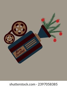 Flat Design Illustration with Video Camera at Merry Christmas,Fir Branch