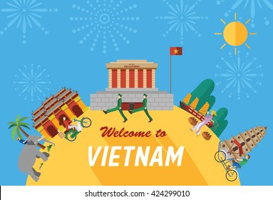 Flat design, Illustration of Vietnam's icons and landmarks