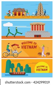 Flat design, Illustration of Vietnam's icons and landmarks